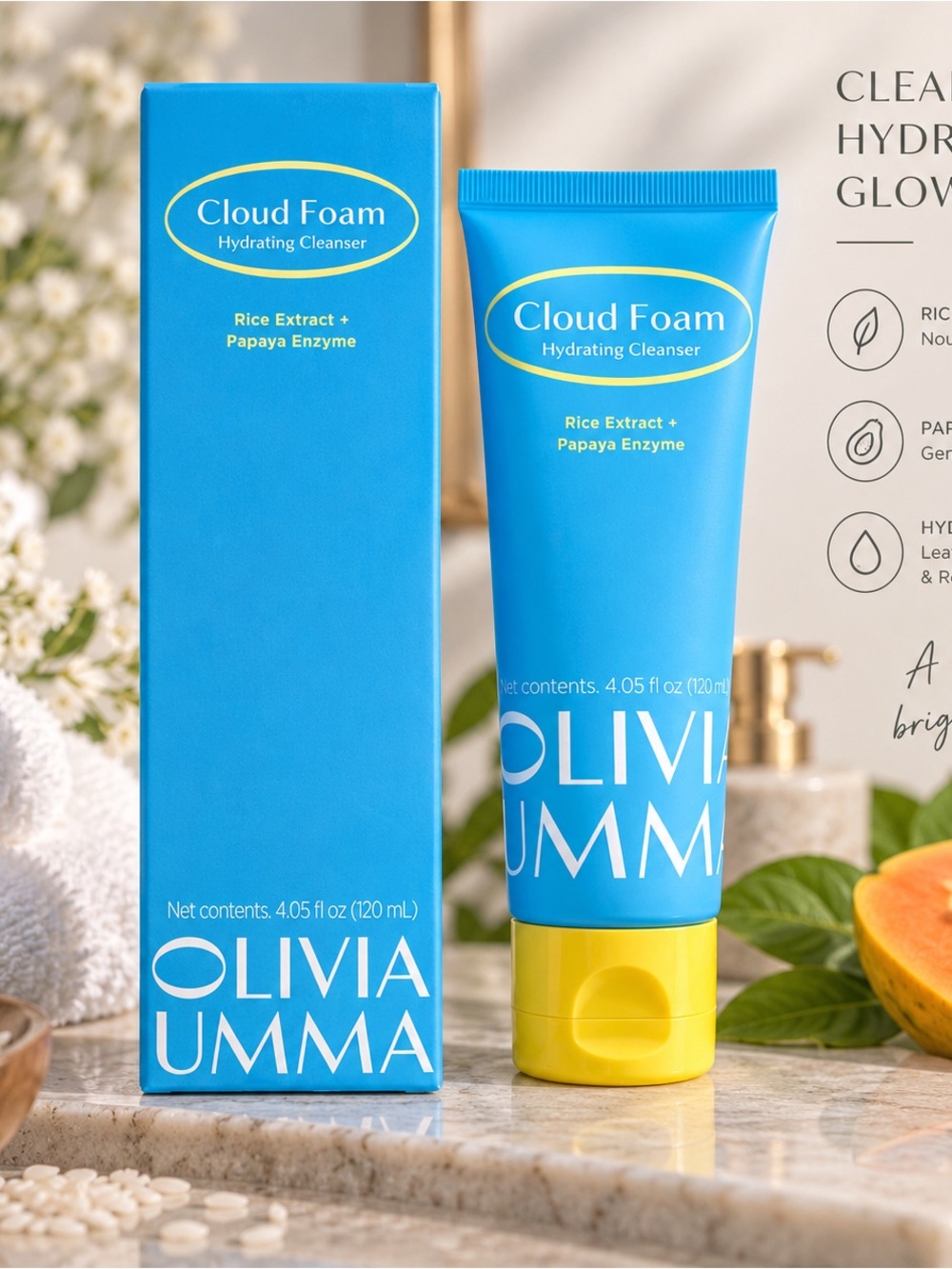 OliviaUmma Cloud Foam Hydrating Cleanser Rice Extract Papaya Enzyme 4.05 oz NEW